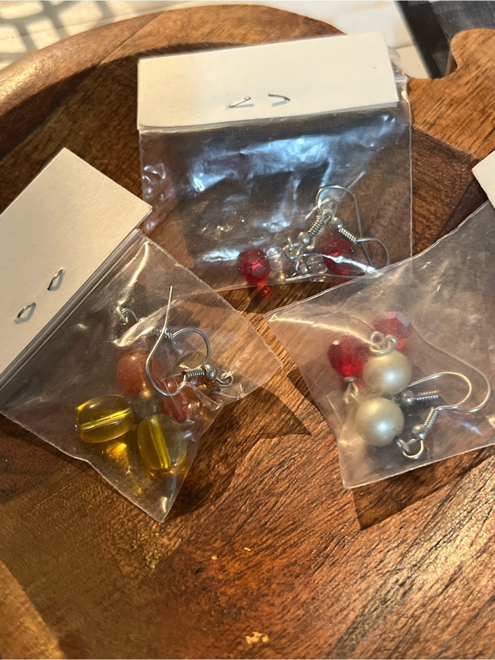 Colorful Trio Bead Drop Earrings — Red, Yellow & Cream